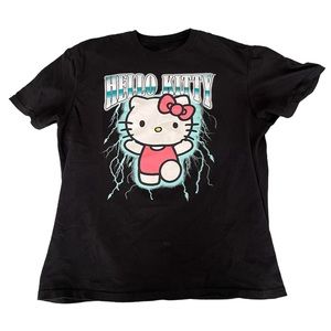 Hello Kitty Lightning Graphic T Shirt Short Sleeve Black Teal Pink Large Cotton
